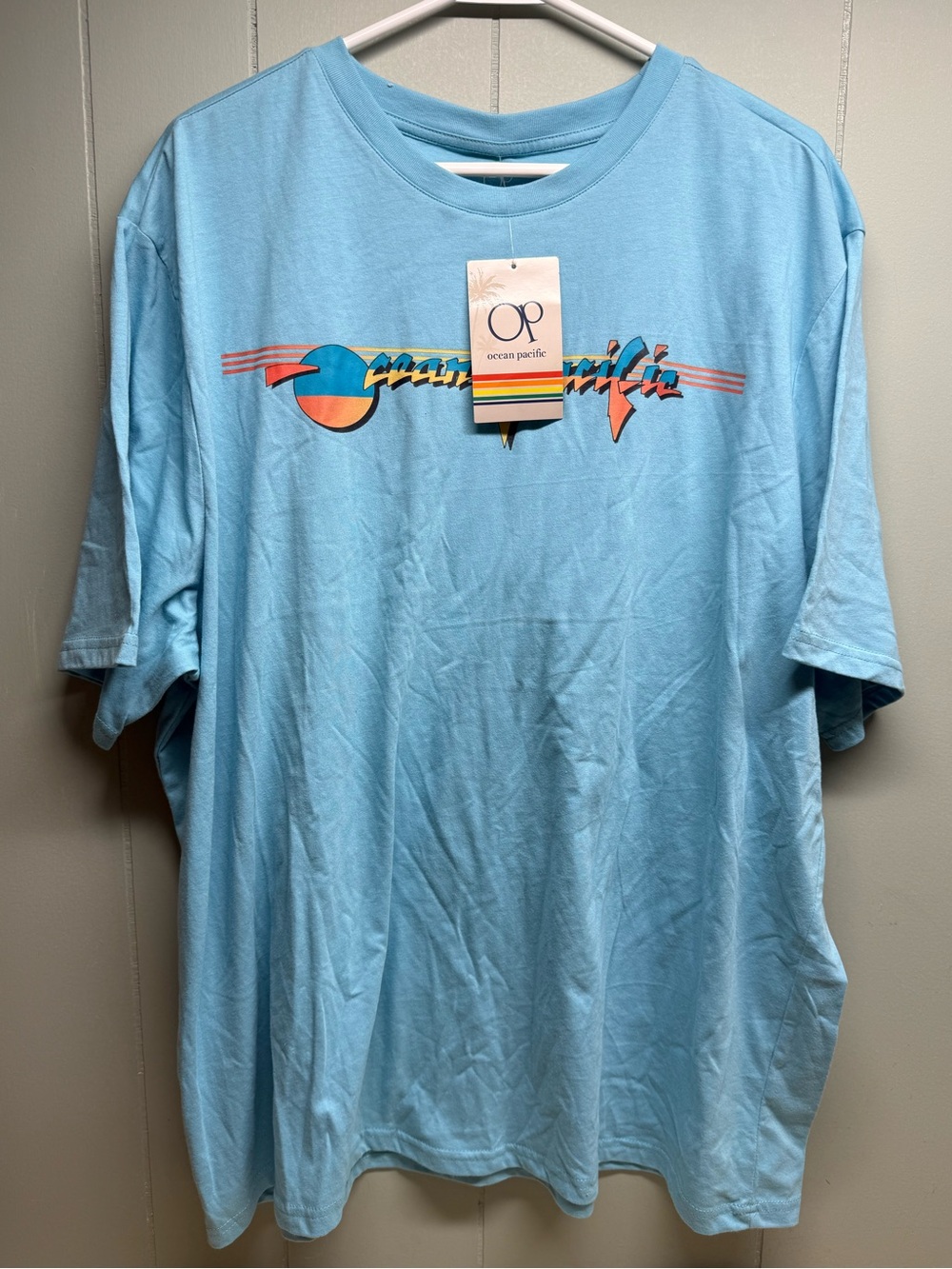 OP Light Blue Short Sleeve Graphic Tee with Sunset Logo NWT MSRP $40
